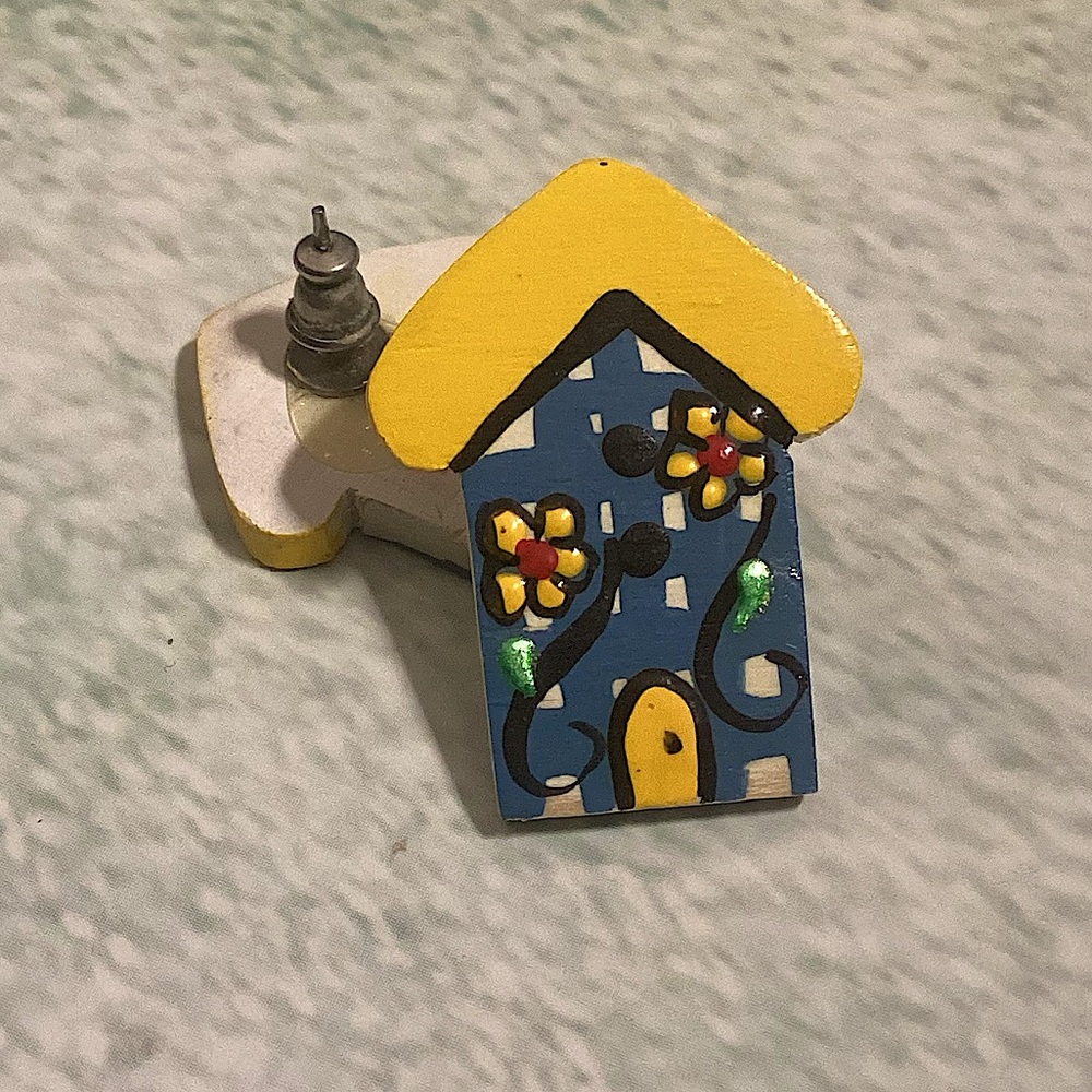 Authentic Vintage Handmade House Shape Earrings with Yellow & Blue Floral Design